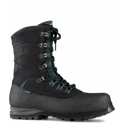 A black boot with a green lace up shoe.