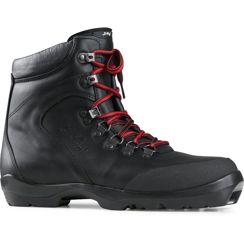 A black boot with red laces.