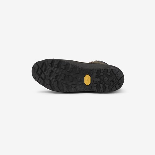 A black shoe with a yellow logo.
