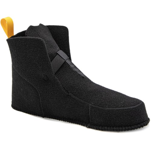 A black boot with a yellow handle.