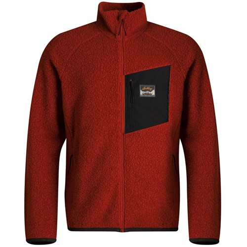 Een rode jas met een zwart vierkant aan de voorkant.