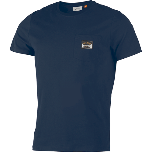En svart t-shirt med en logotyp p&#229;.