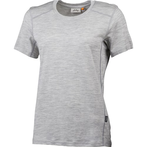 A grey t-shirt with a logo on it.