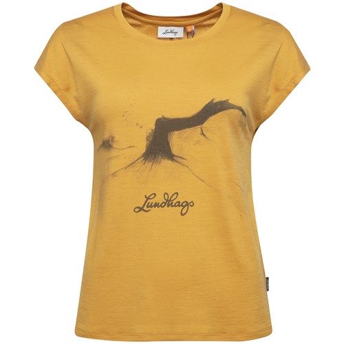 En gul t-skjorte med en svart fugl p&#229;.