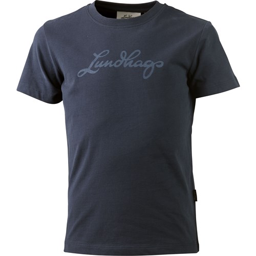 A blue t-shirt with white writing on it.