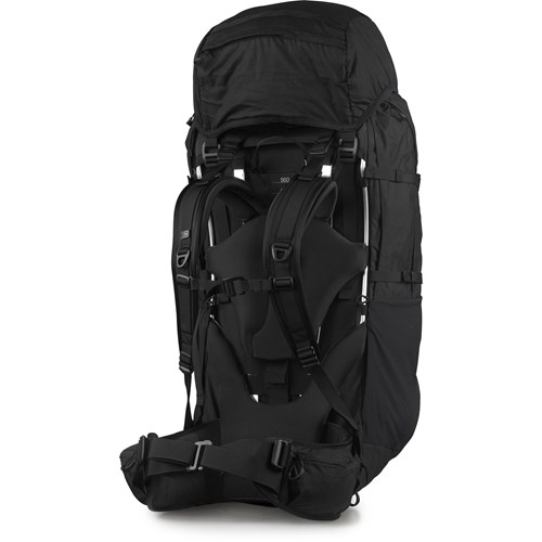 A black backpack with straps.