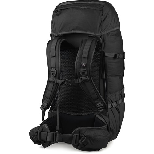 A black backpack with straps.