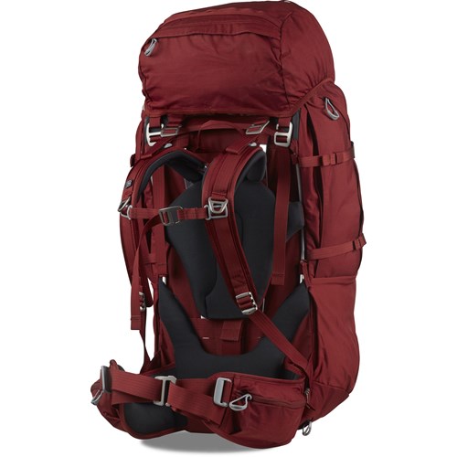 A red backpack with a strap.