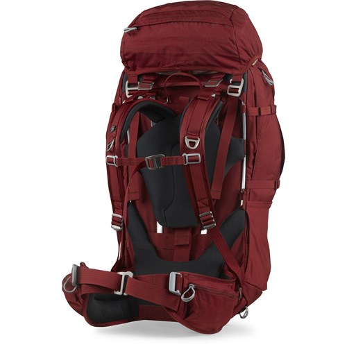 A red backpack with straps.