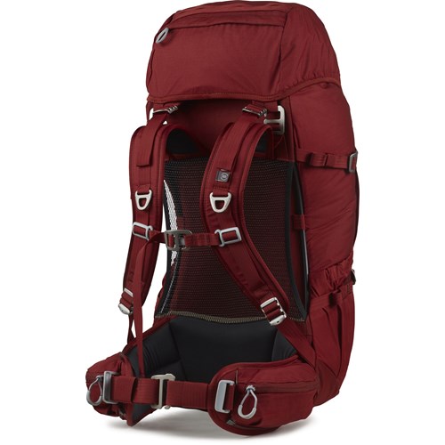 A red backpack with a zipper.