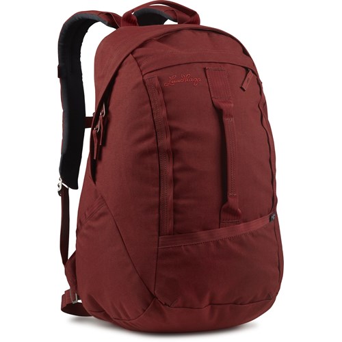 A red backpack with a black strap.