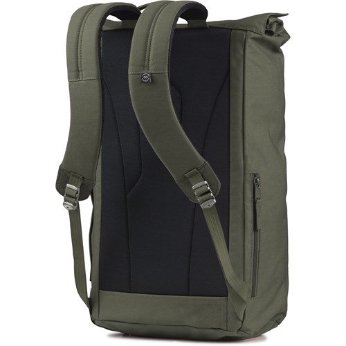 A grey backpack with a strap.