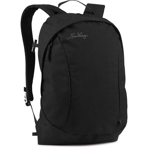 A black backpack with a white background.