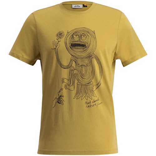 A yellow t-shirt with a drawing of a person on it.