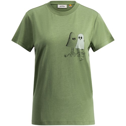 A green t-shirt with a drawing on it.