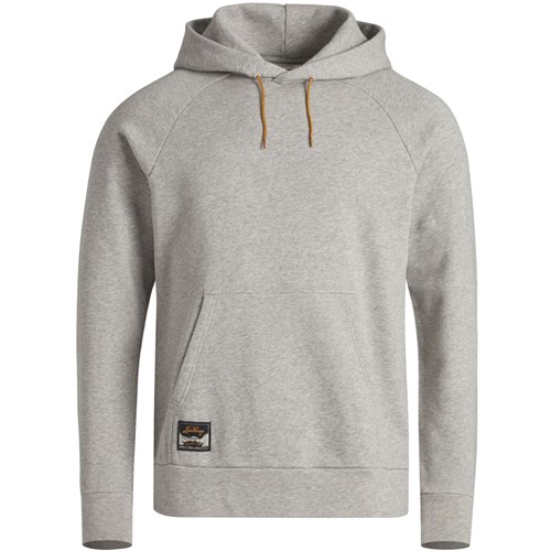 A grey sweater with a logo.