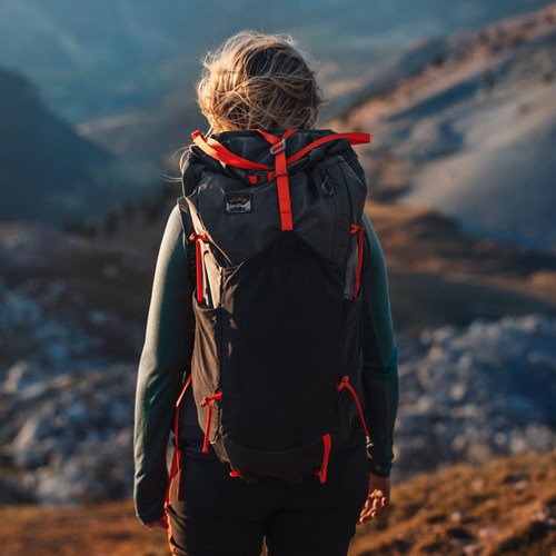 A person with a backpack on a mountain.