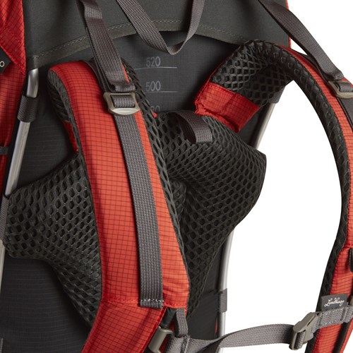 A backpack with a red strap.