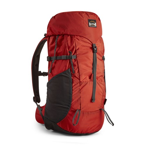 A red and black backpack.