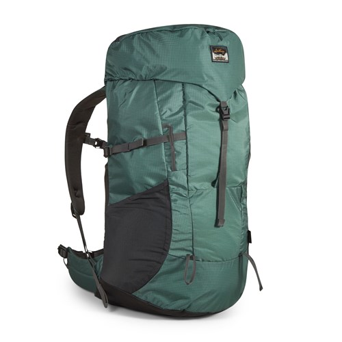 A green backpack with straps.