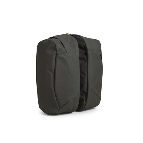 A black backpack with a strap.